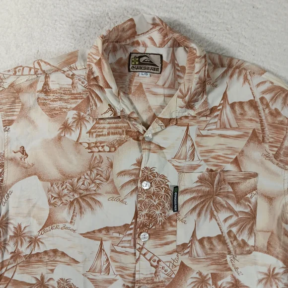 Vintage 90s Quiksilver Shirt Mens Large Tan Hawaiian Camp Waikiki Surf Aloha - Picture 3 of 12